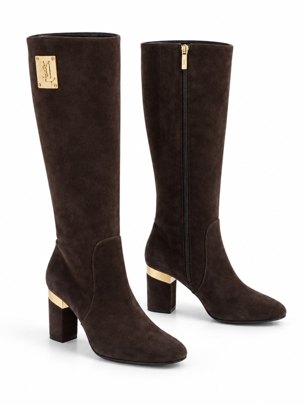 Luigi Traini Women’s Brown Suede Knee-High Block Heel Boots with Gold Accent